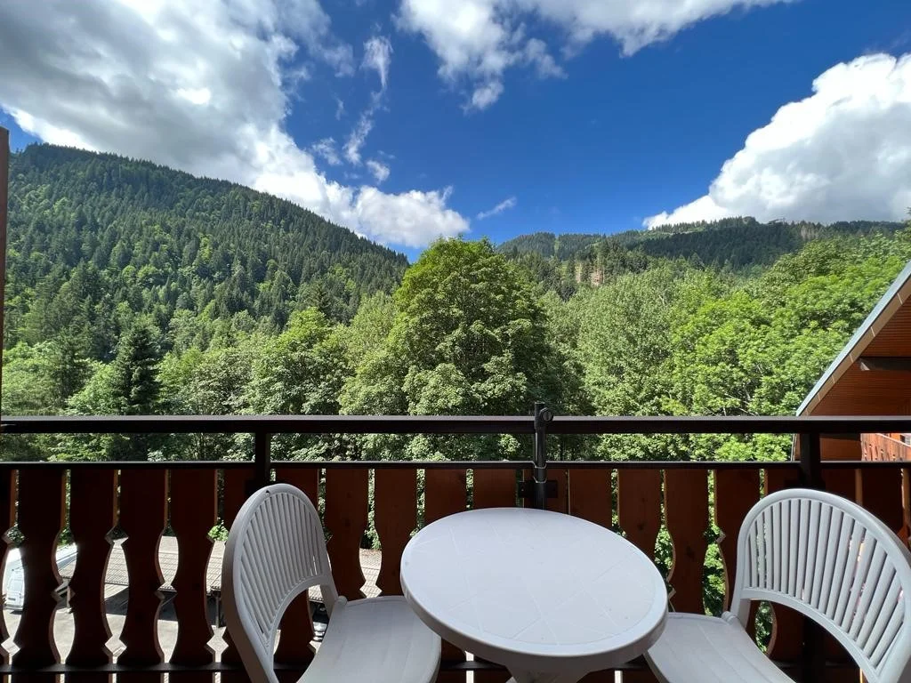 Balcony with table and forest views