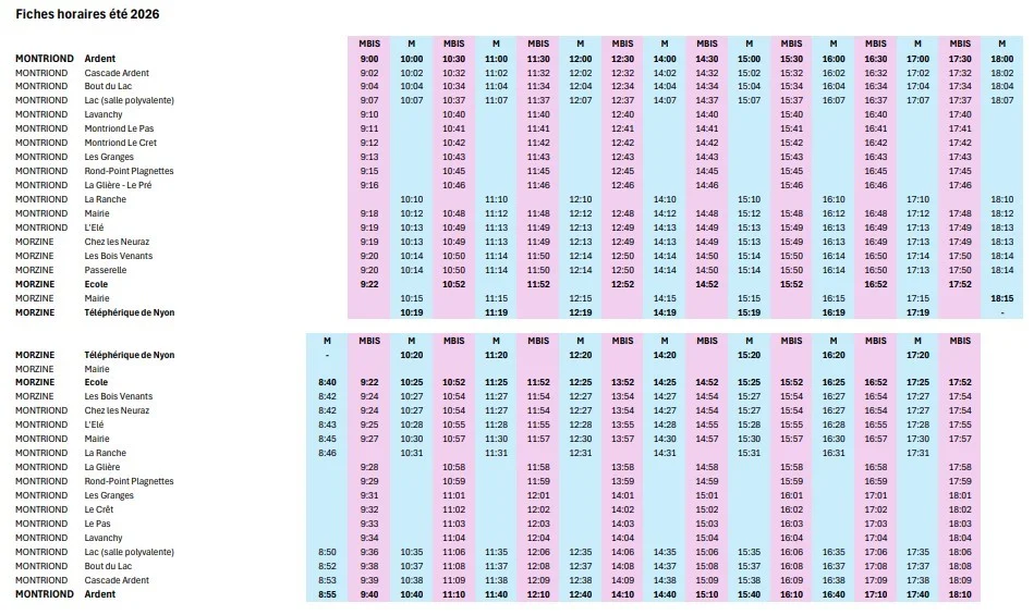 Montriond – Nyon cable car shuttle timetable